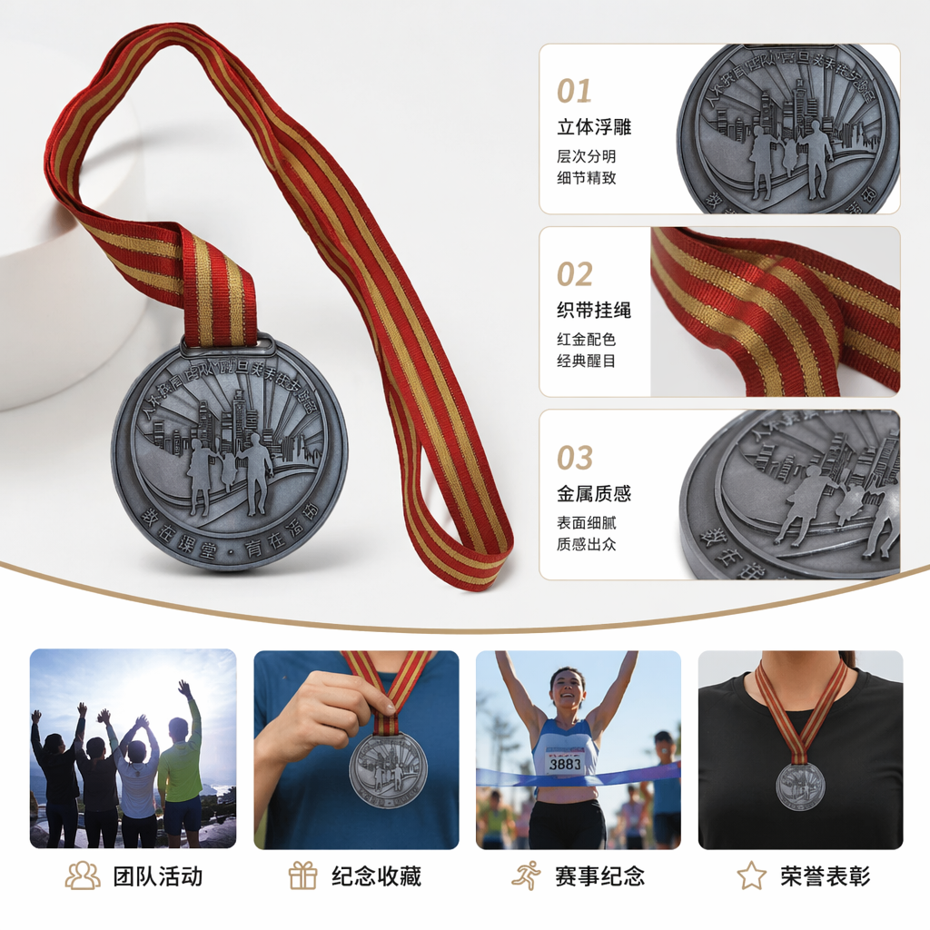 银色奖牌配红黄条纹绶带颁奖典礼纪念奖章定制礼品
