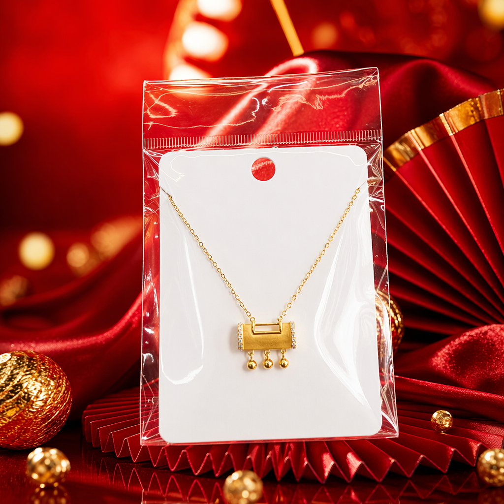 A golden rectangular small bell pendant necklace, held in a transparent bag with a white card Specification image