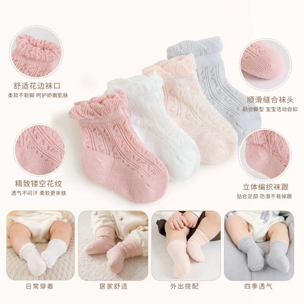 粉色白色米色灰色四双蕾丝花边针织婴儿袜