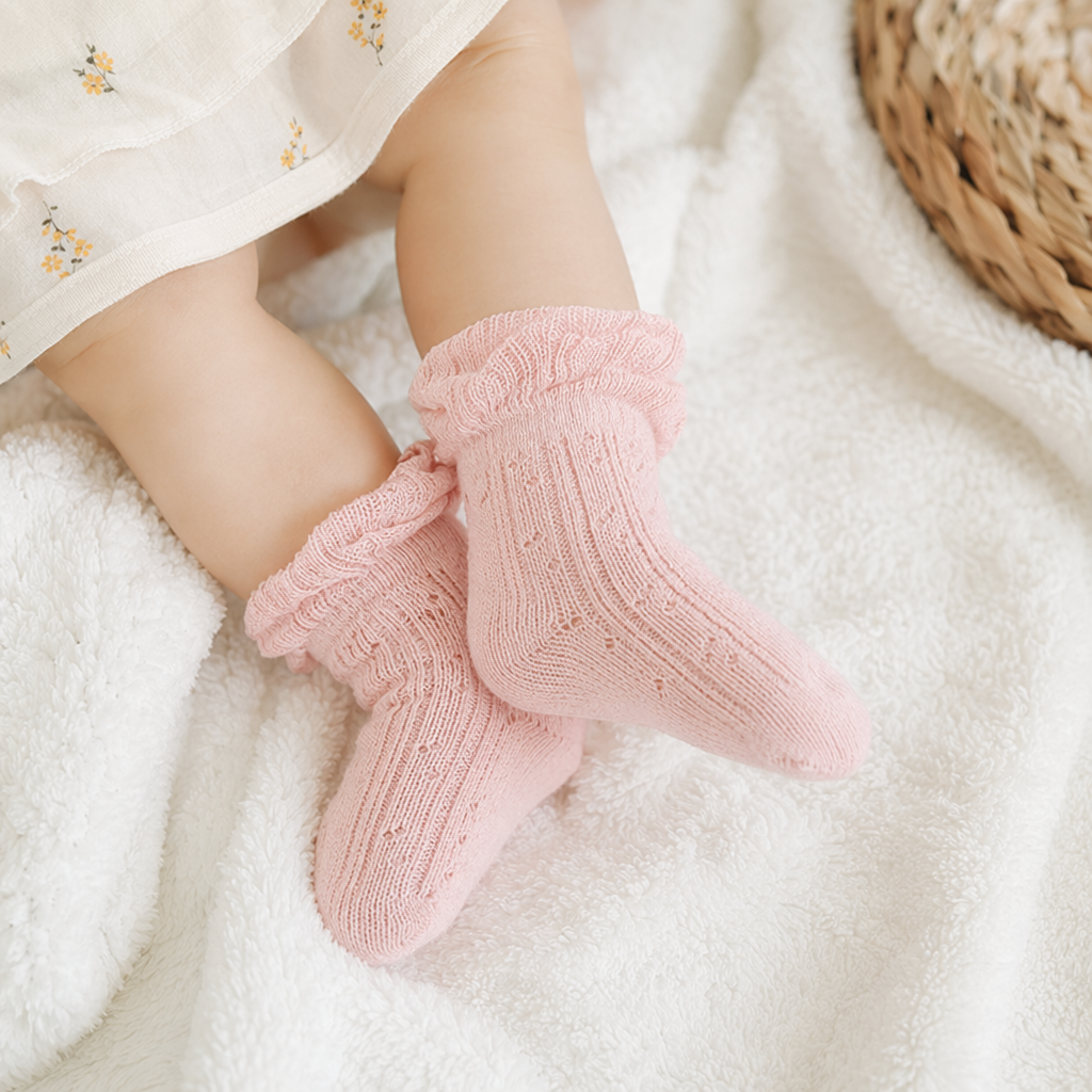 Four pairs of lace-trimmed knitted baby socks in pink, white, beige and grey details Picture