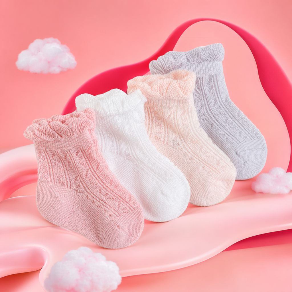 Four pairs of lace-trimmed knitted baby socks in pink, white, beige and grey Specification image