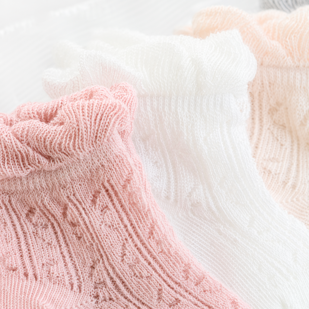 Four pairs of lace-trimmed knitted baby socks in pink, white, beige and grey Application Scenario