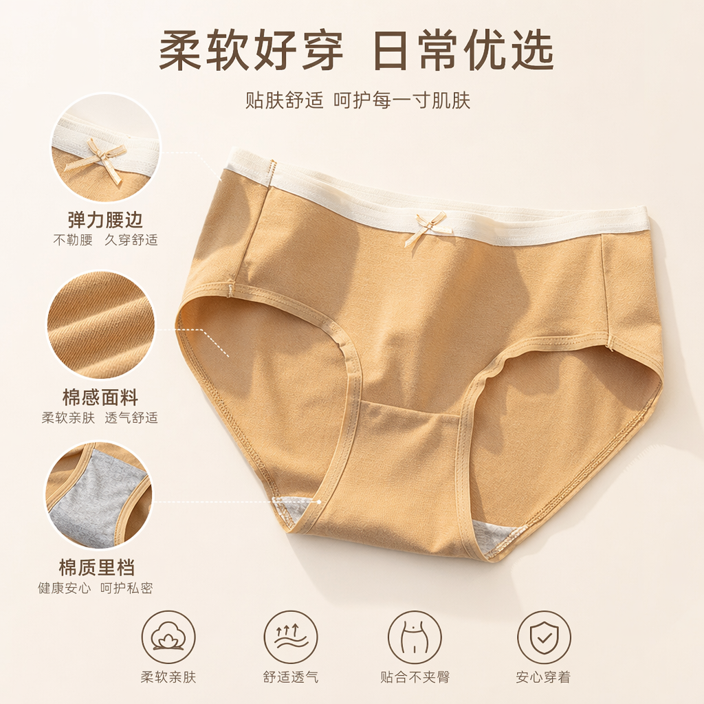 Beige pure cotton women's underwear, comfortable and breathable triangular style