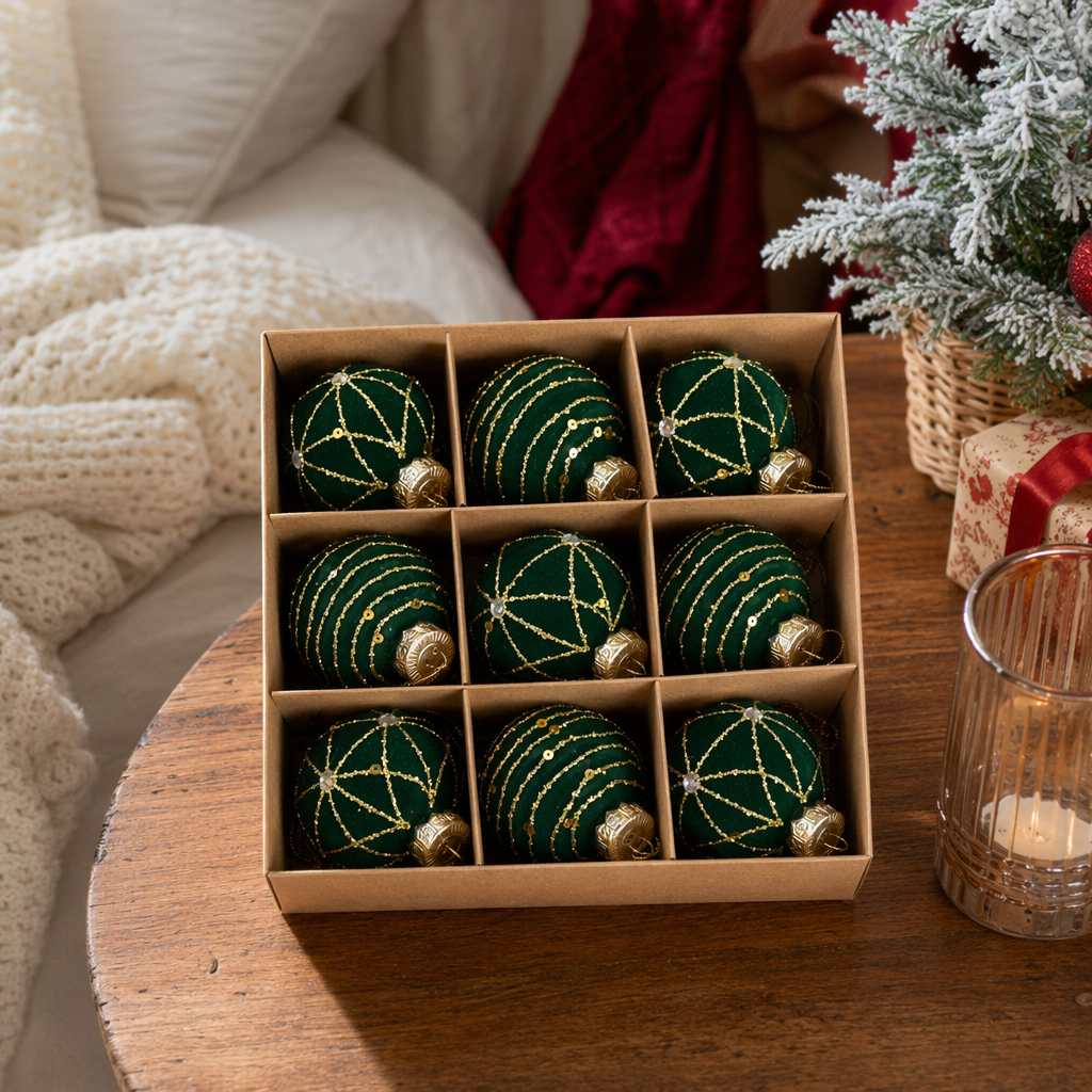 Green and gold thread decorated Christmas balls, festive atmosphere hanging gift box set details Picture