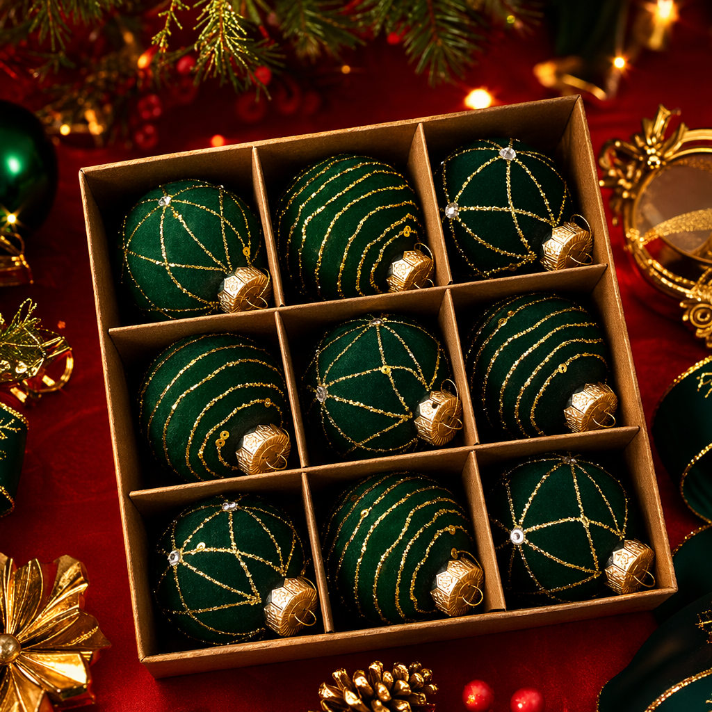 Green and gold thread decorated Christmas balls, festive atmosphere hanging gift box set Specification image