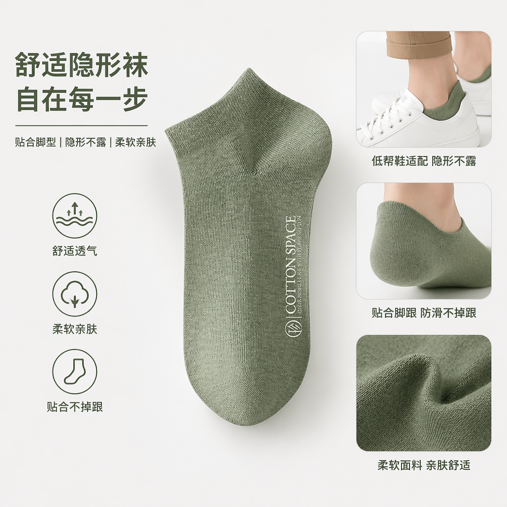 绿色纯棉短袜男女同款吸汗透气运动休闲袜