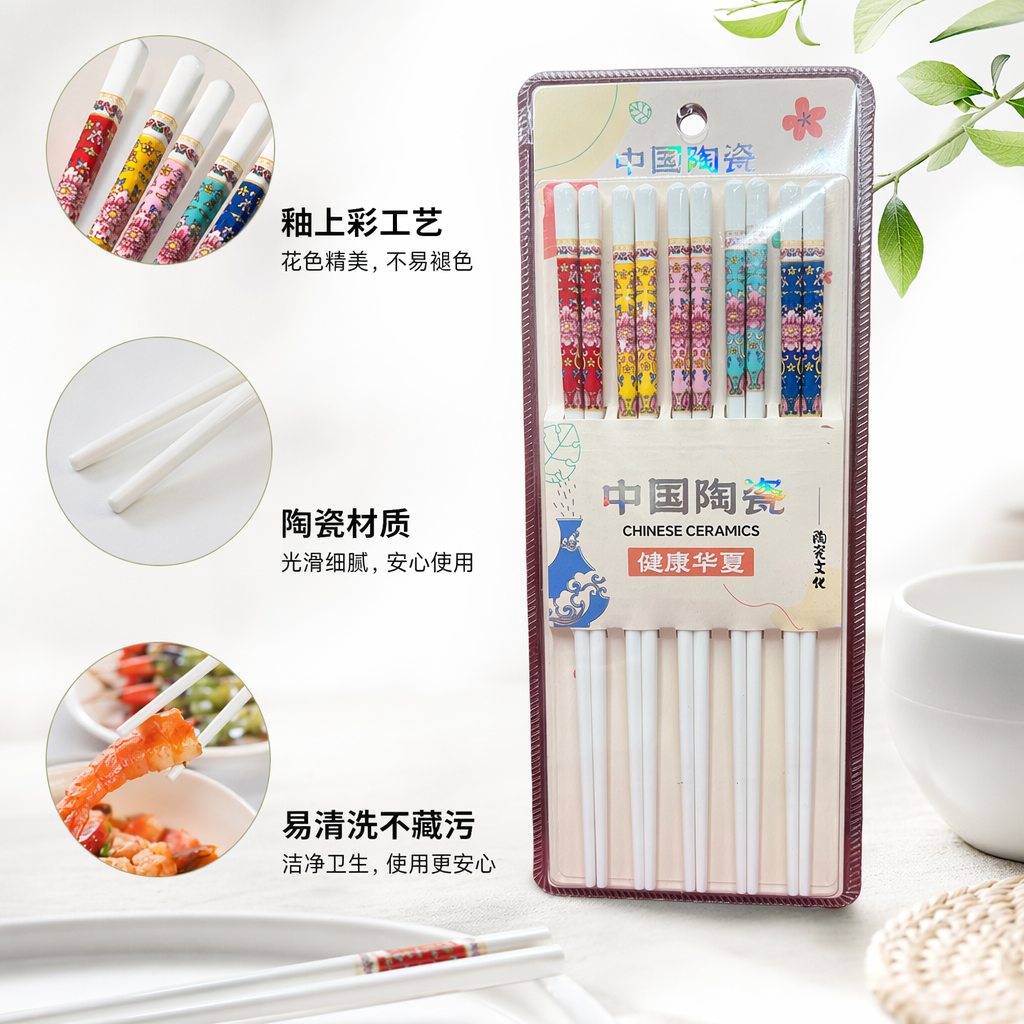 Colorful ceramic chopsticks set: Household anti-slip, high-temperature resistant and environmentally friendly tableware