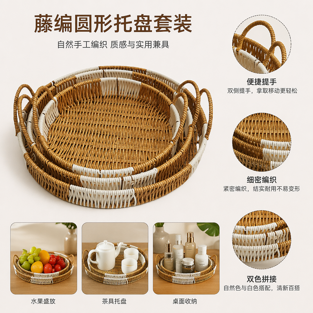 黄白相间编织托盘家用客厅茶几收纳盘