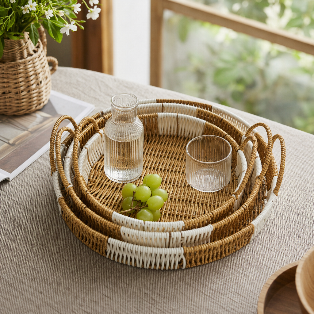 Yellow and white woven tray for home living room coffee table storage details Picture
