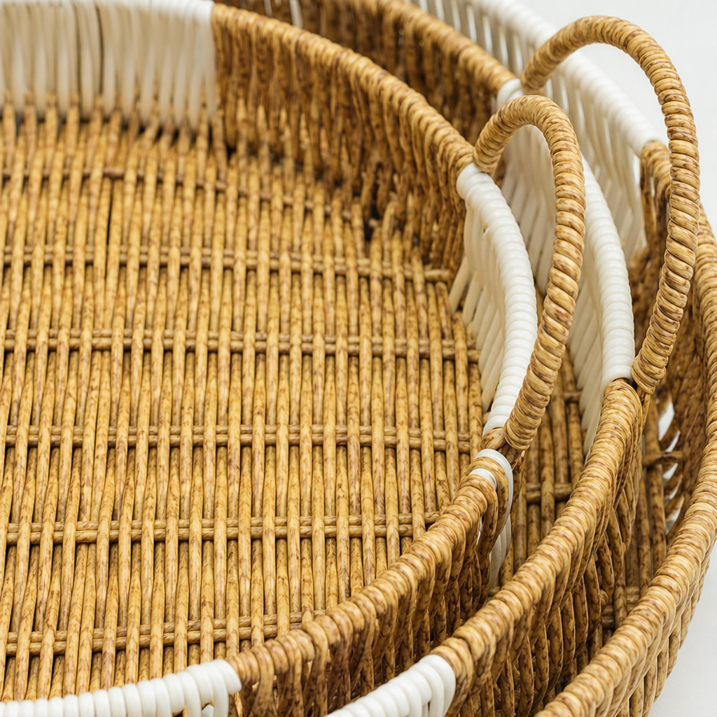 Yellow and white woven tray for home living room coffee table storage Application Scenario