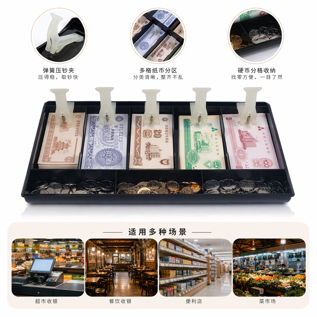 黑色收银盘配高弹力夹子夹币钞票实用收纳整理工具