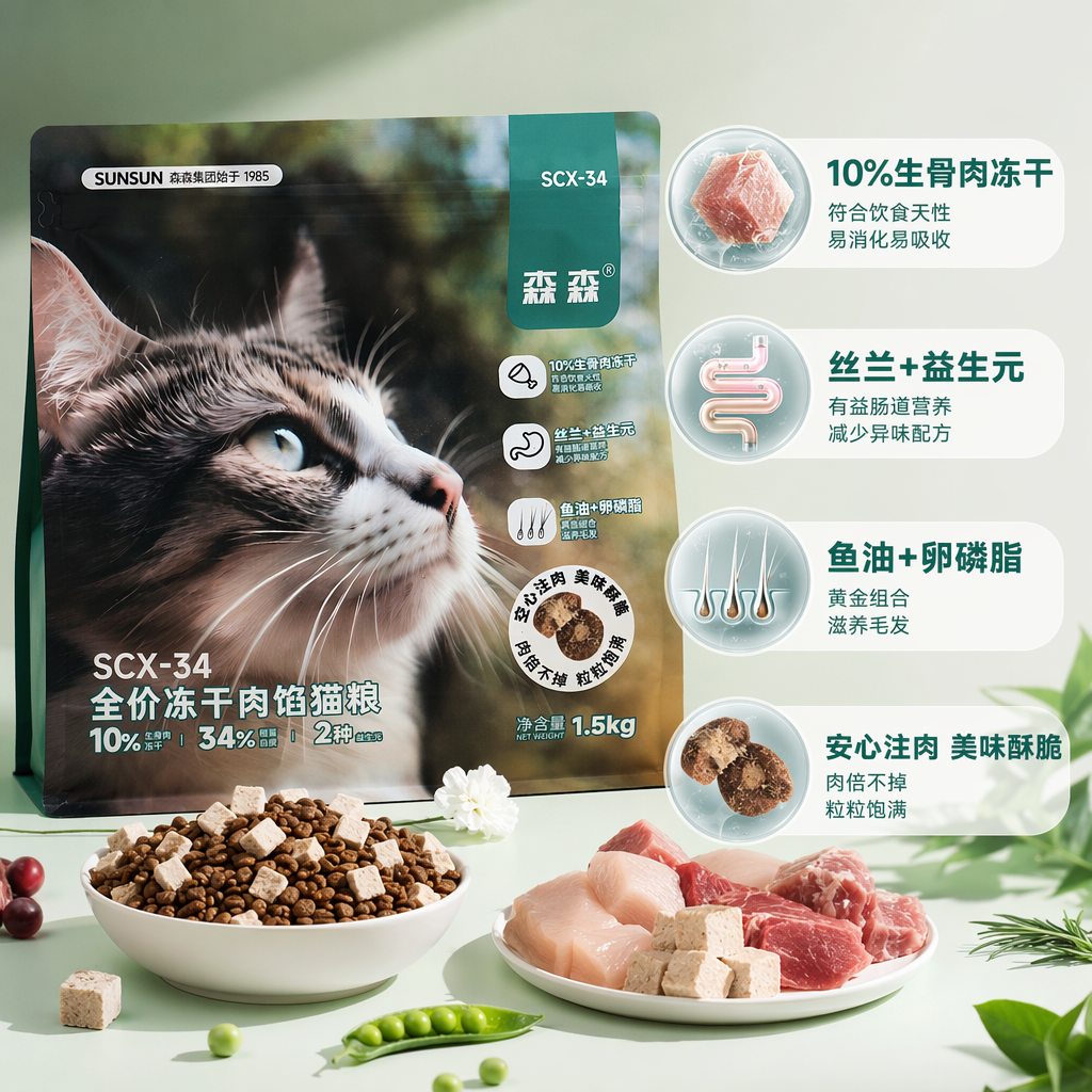 Sen Sen full-price freeze-dried meat Cat Food 1.5kg per bag, grain-free, high-protein, full-price, specially designed for adult cats