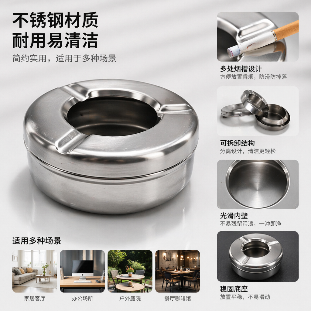 银色金属烟灰缸家用客厅桌面防溢耐高温简约风