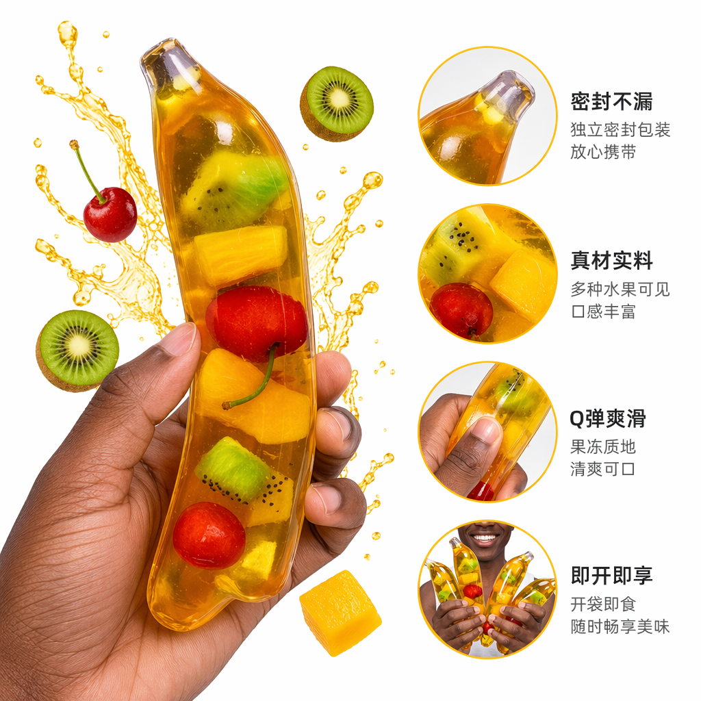 The yellow jelly banana-shaped dessert contains kiwi, pineapple and cherry fruit pieces
