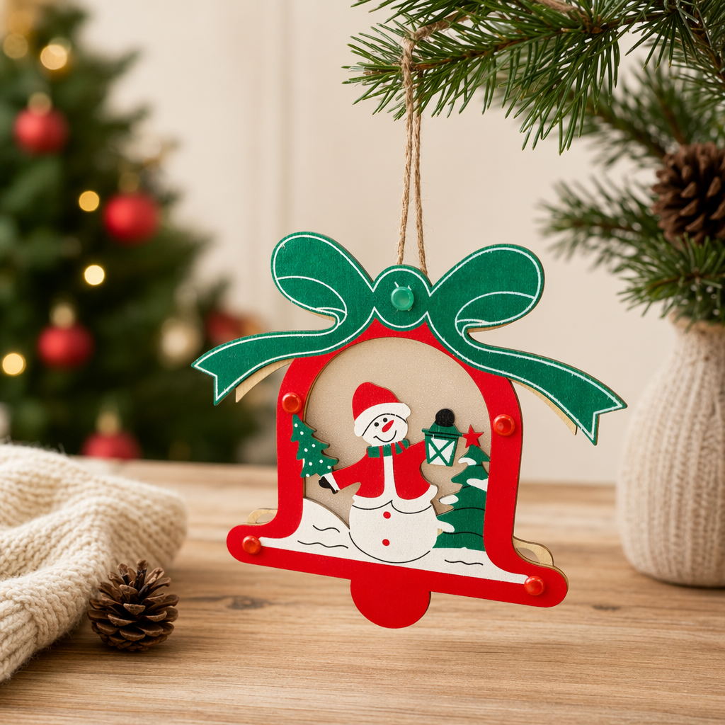A red bell-shaped Christmas decorative pendant with a snowman, pine lantern pattern, green bow and hemp rope is hung details Picture
