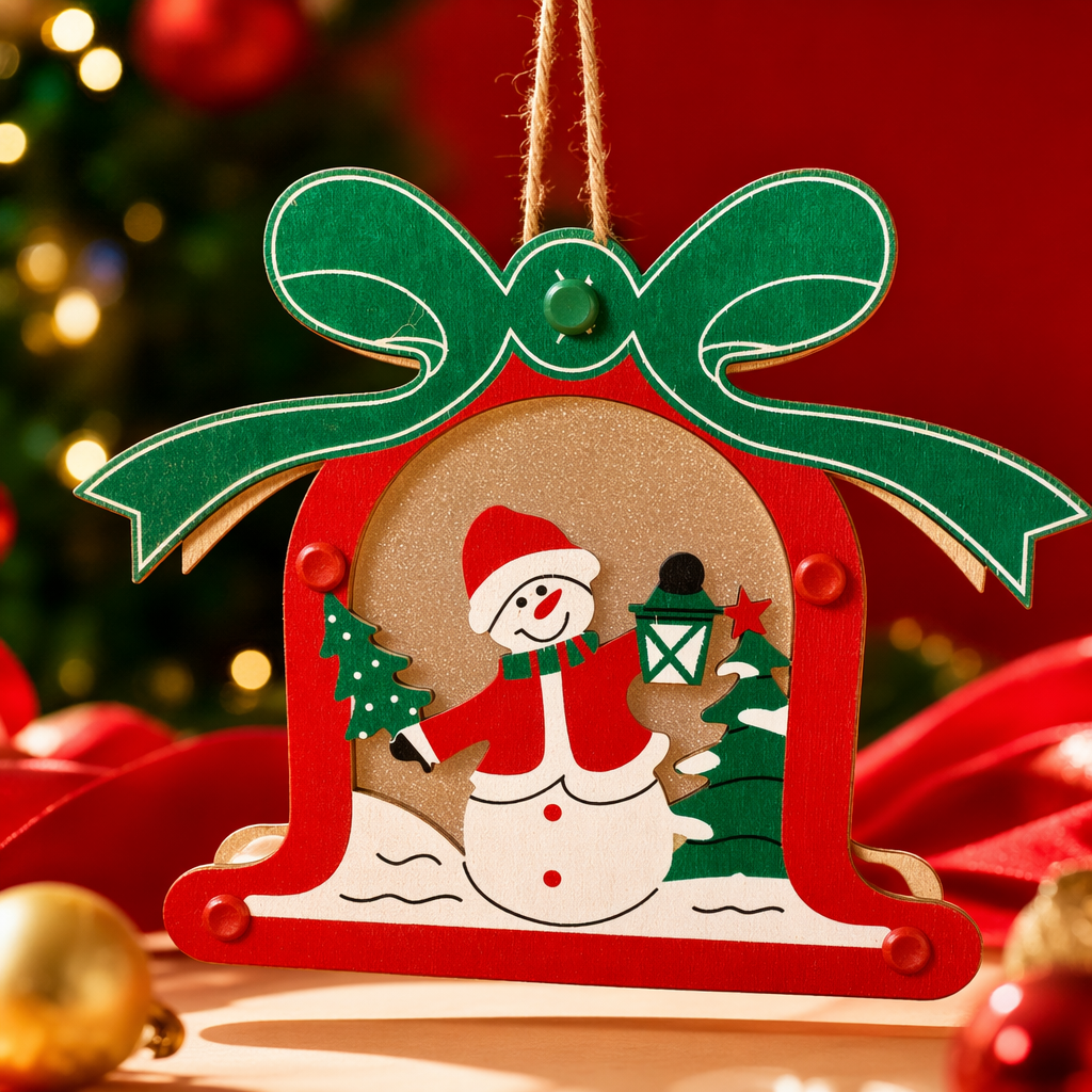 A red bell-shaped Christmas decorative pendant with a snowman, pine lantern pattern, green bow and hemp rope is hung Specification image