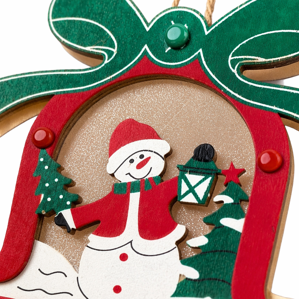 A red bell-shaped Christmas decorative pendant with a snowman, pine lantern pattern, green bow and hemp rope is hung Application Scenario