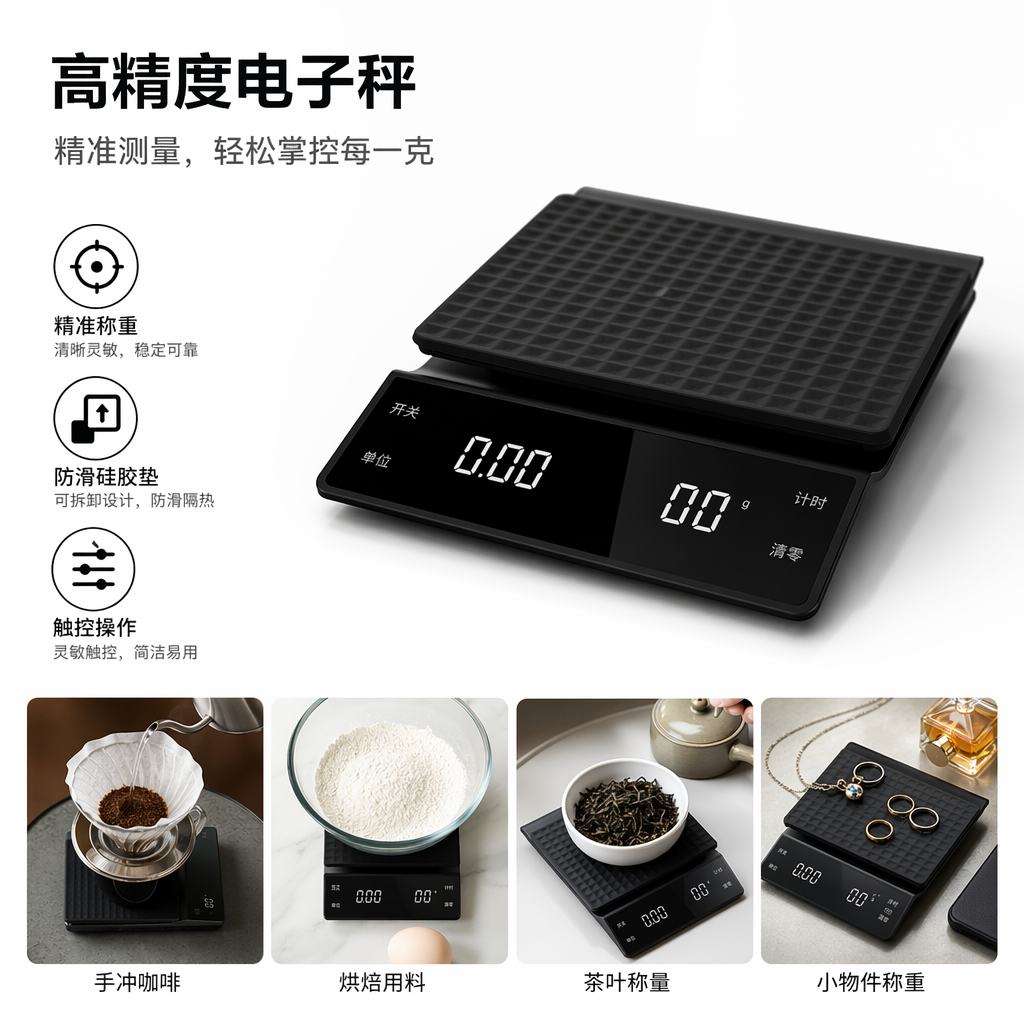 黑色高精度电子秤 家用厨房体重称重仪 300g至5kg可调单位