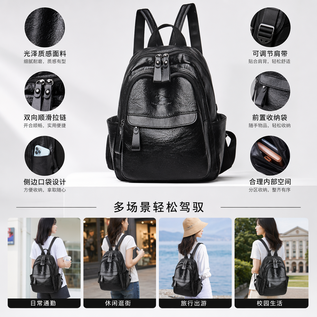 黑色皮质双肩包简约商务大容量轻便学生通勤旅行背包