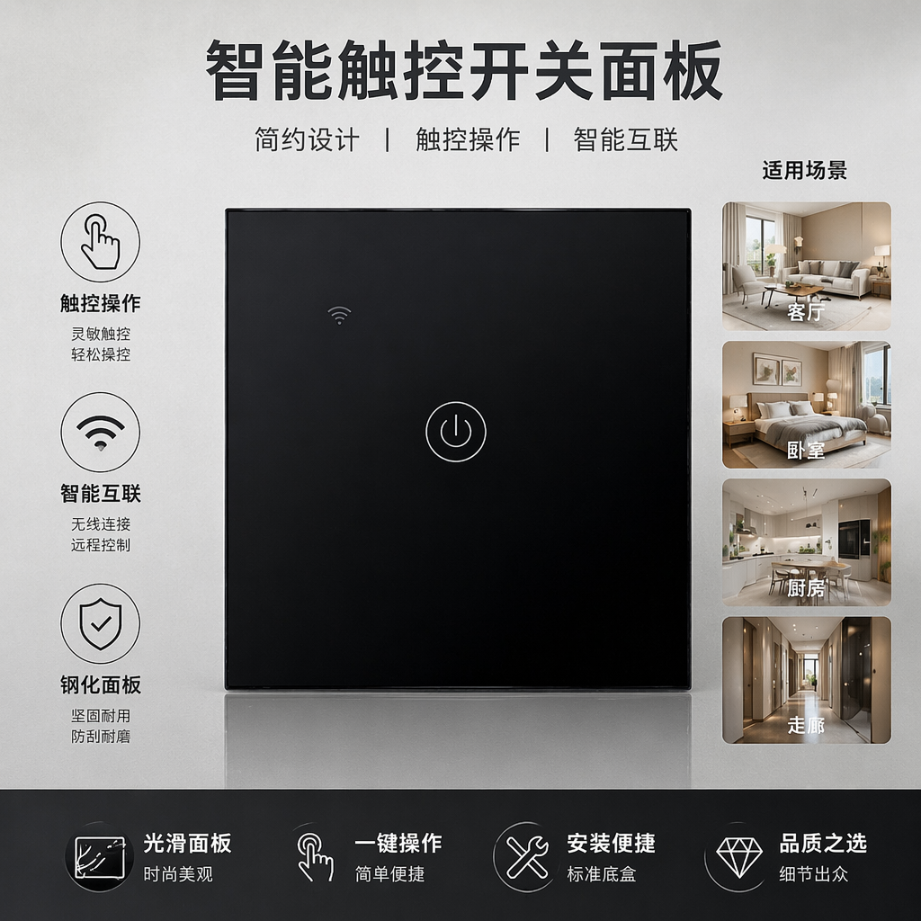 黑色智能开关 家用墙壁开关触摸式LED指示灯 支持涂鸦zigbee等 出口