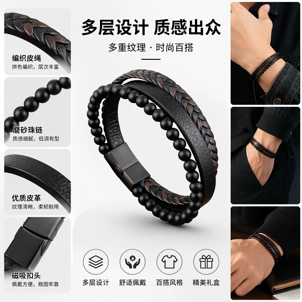 黑色编织皮质手链配黑色珠子磁扣