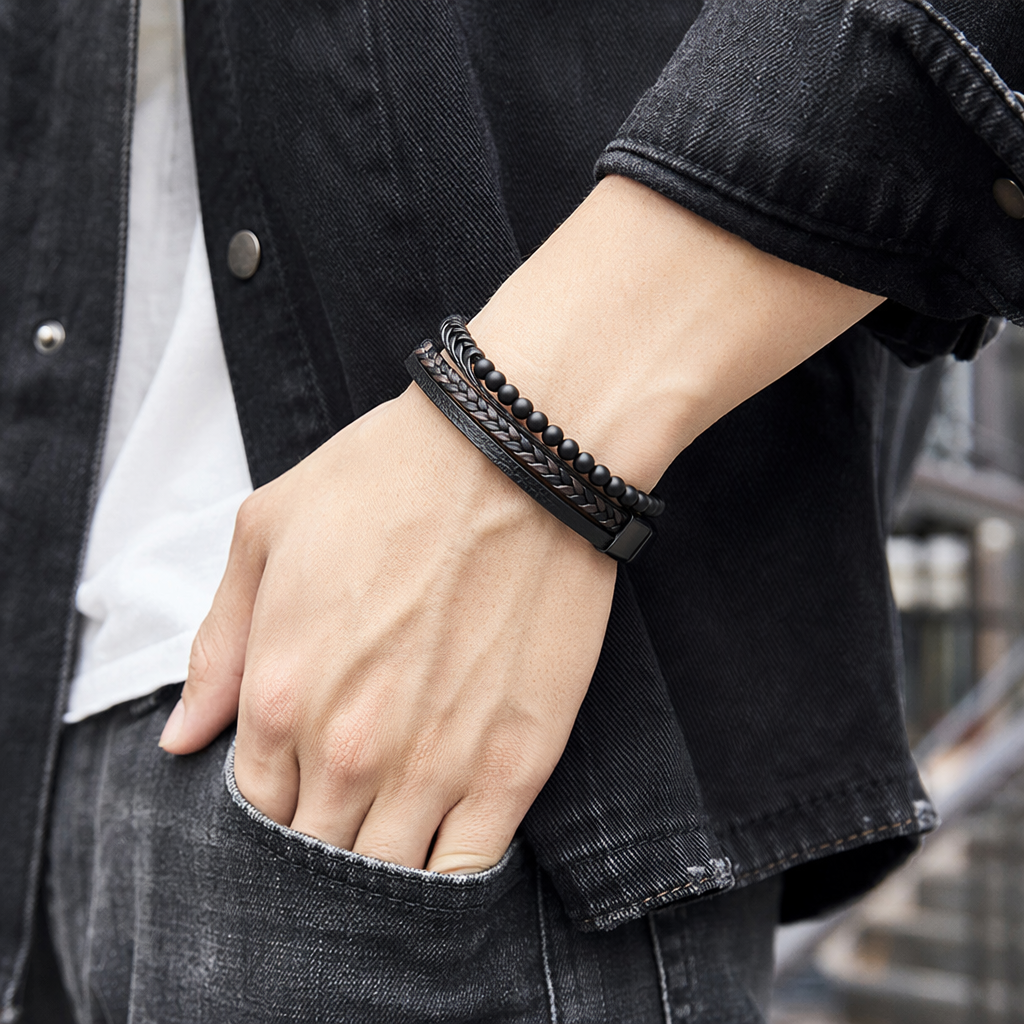 Black woven leather bracelet with black bead magnetic clasp details Picture