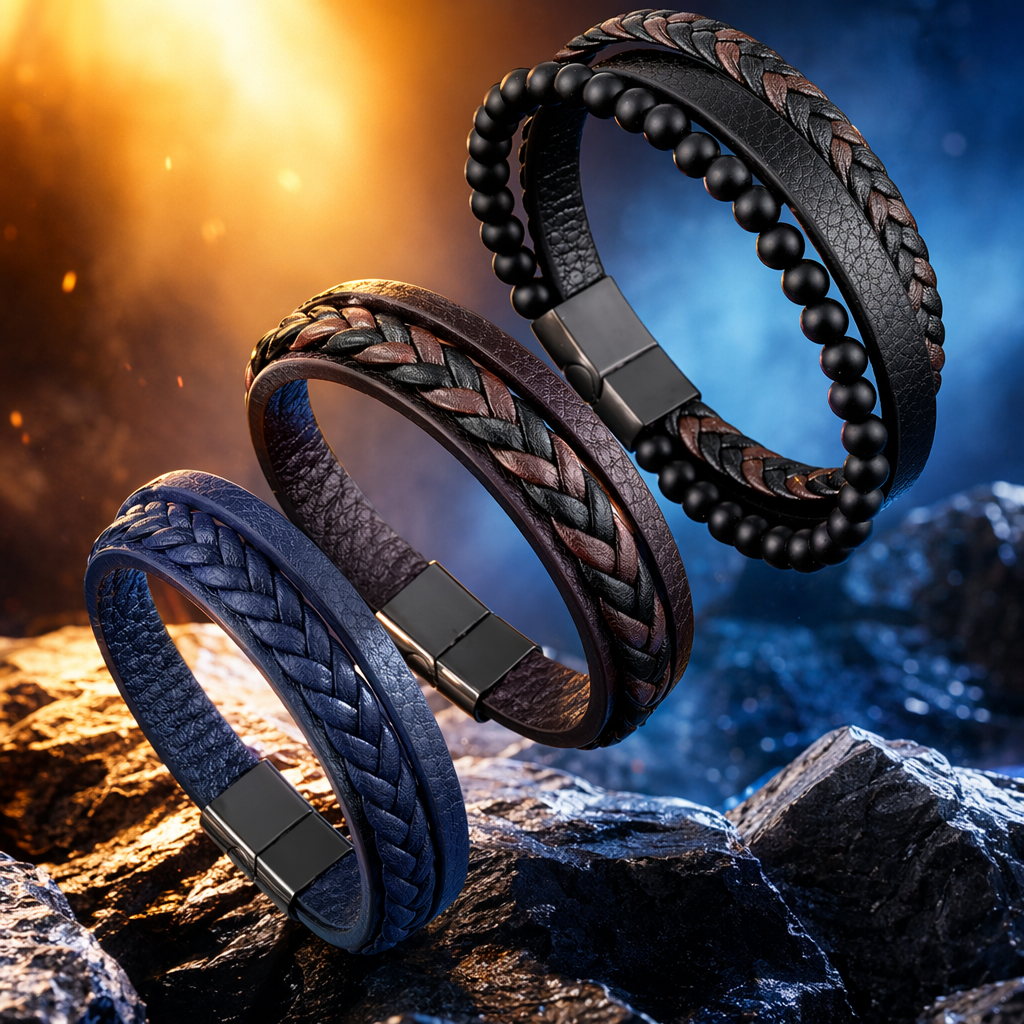 Black woven leather bracelet with black bead magnetic clasp Specification image