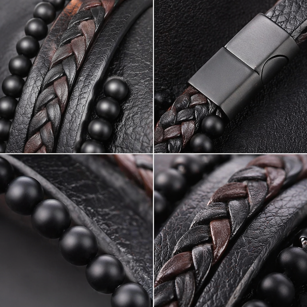 Black woven leather bracelet with black bead magnetic clasp Application Scenario
