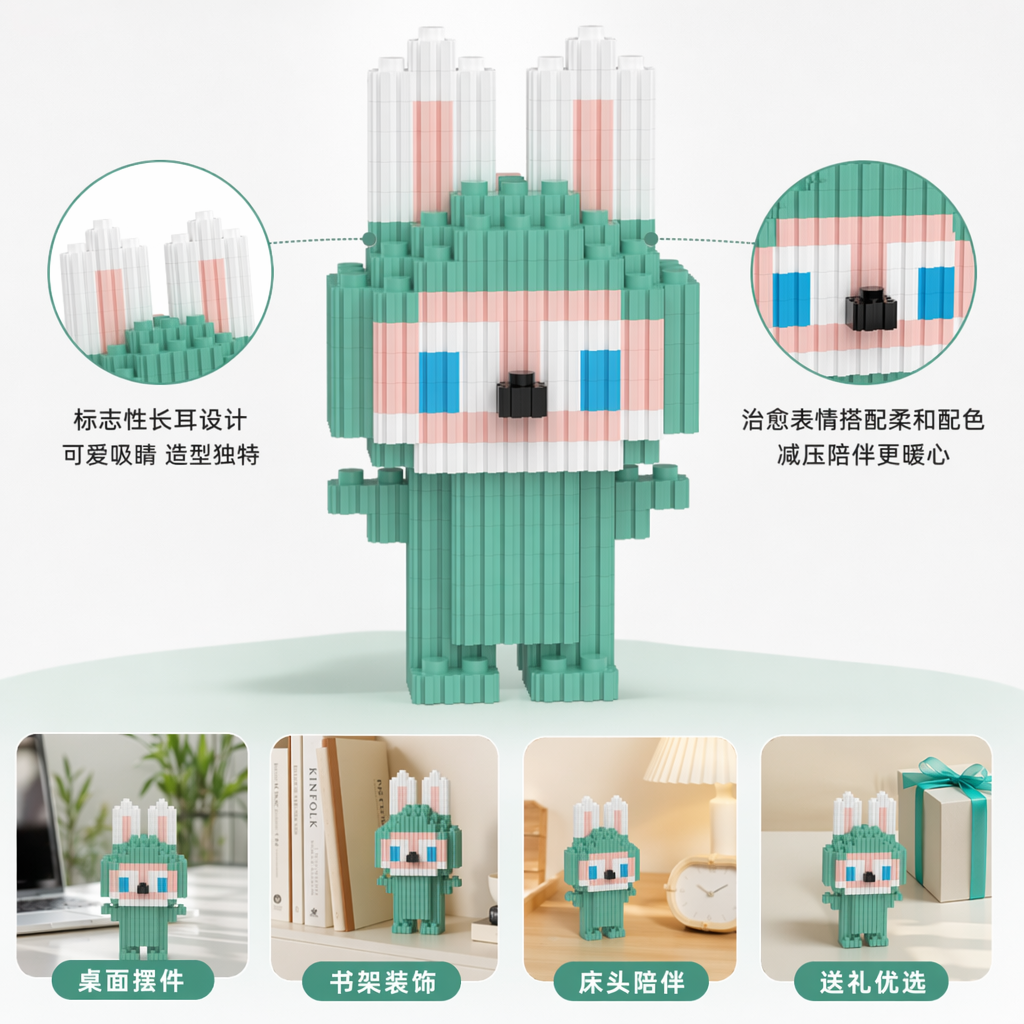 绿色像素兔形积木儿童益智拼装玩具创意卡通造型
