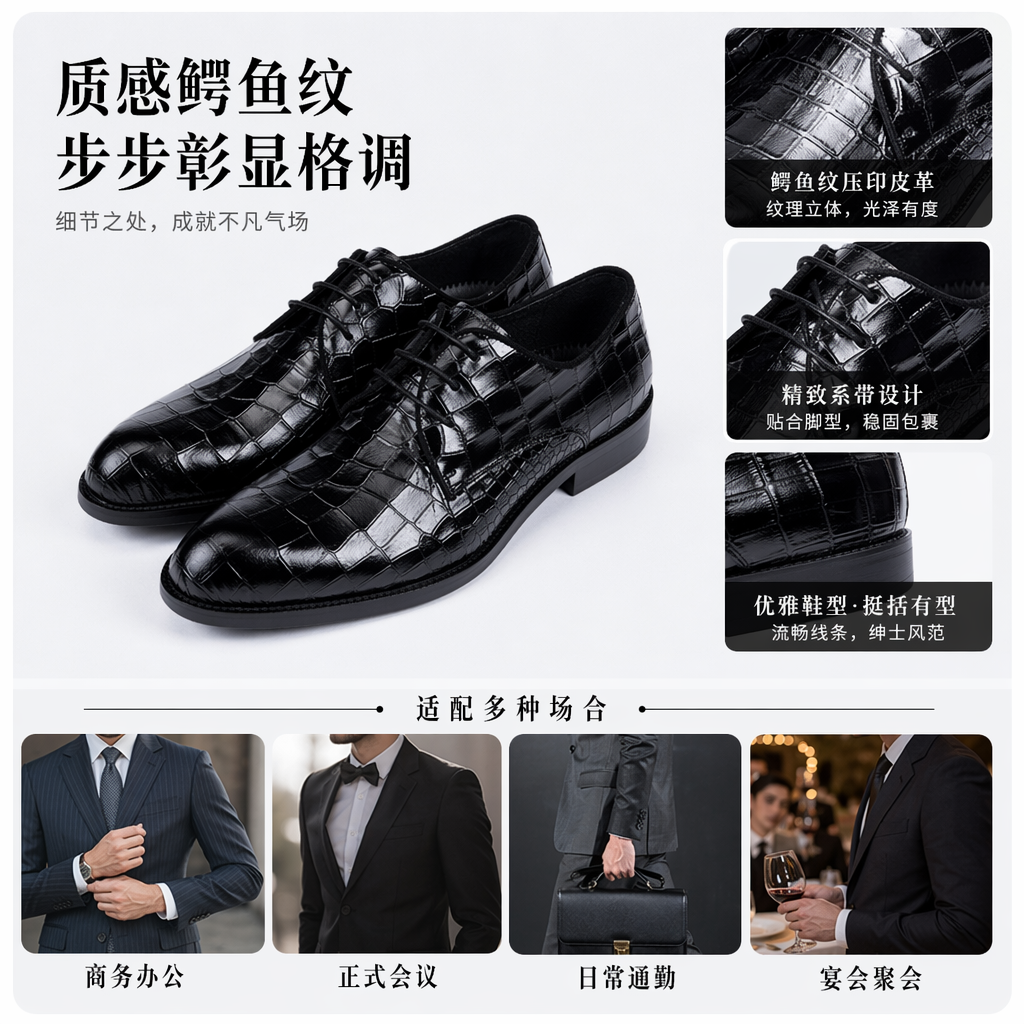 黑色鳄鱼纹男士商务皮鞋真皮休闲正装男鞋