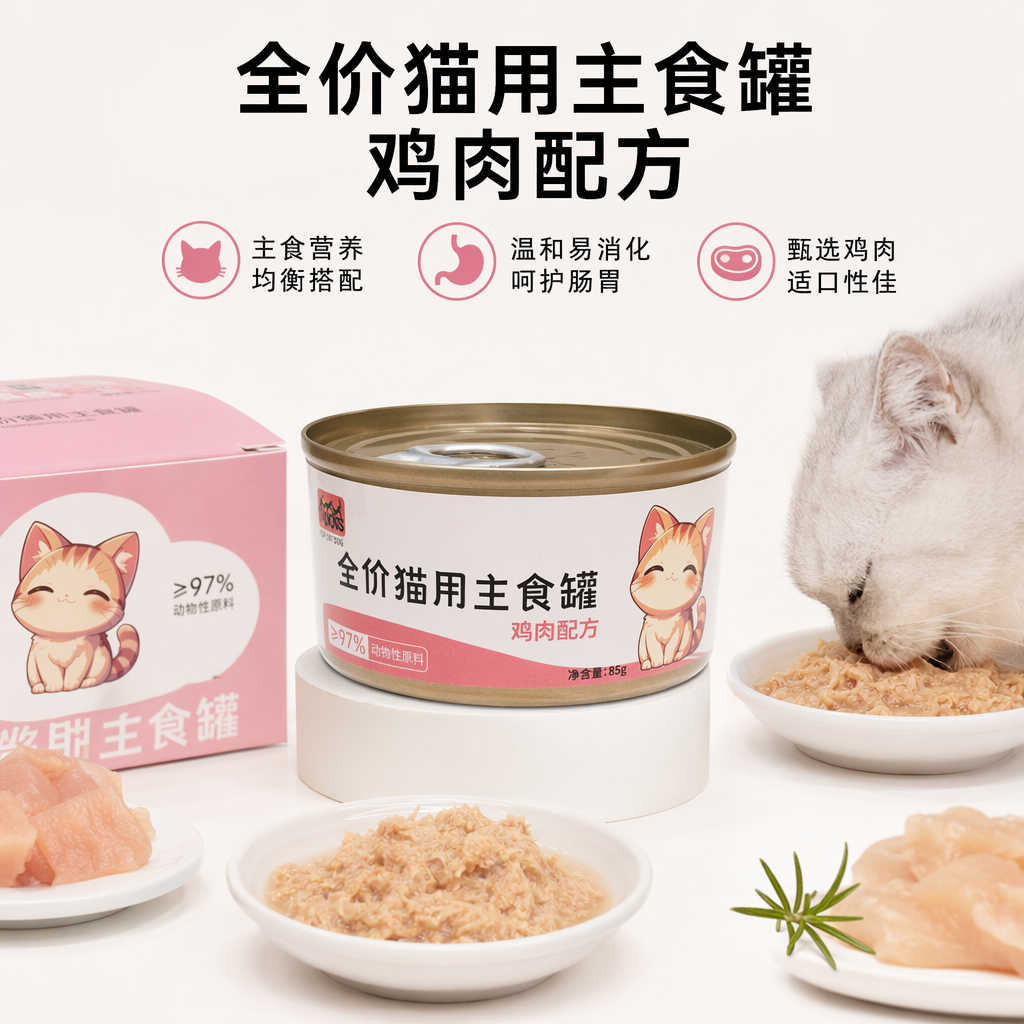 粉色猫罐头盒 卡通橘猫图案 全价猫用主食罐 鲜选鸡肉配方
