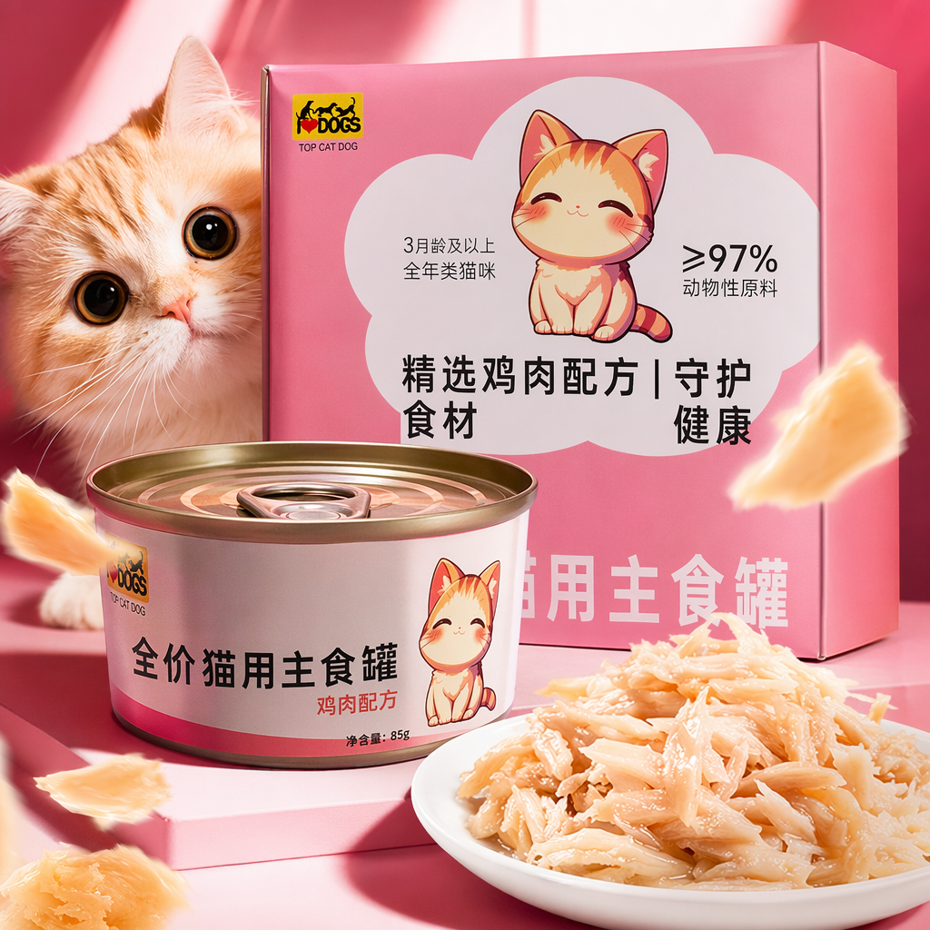 粉色猫罐头盒 卡通橘猫图案 全价猫用主食罐 鲜选鸡肉配方 Specification image