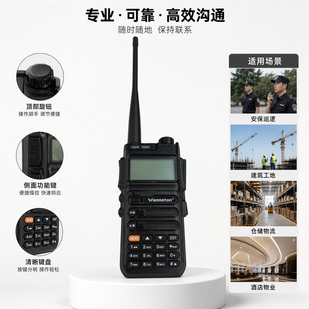 Wanlitong UV-F5 black walkie-talkie is a professional wireless communication device that is waterproof, dustproof and suitable for long-distance calling