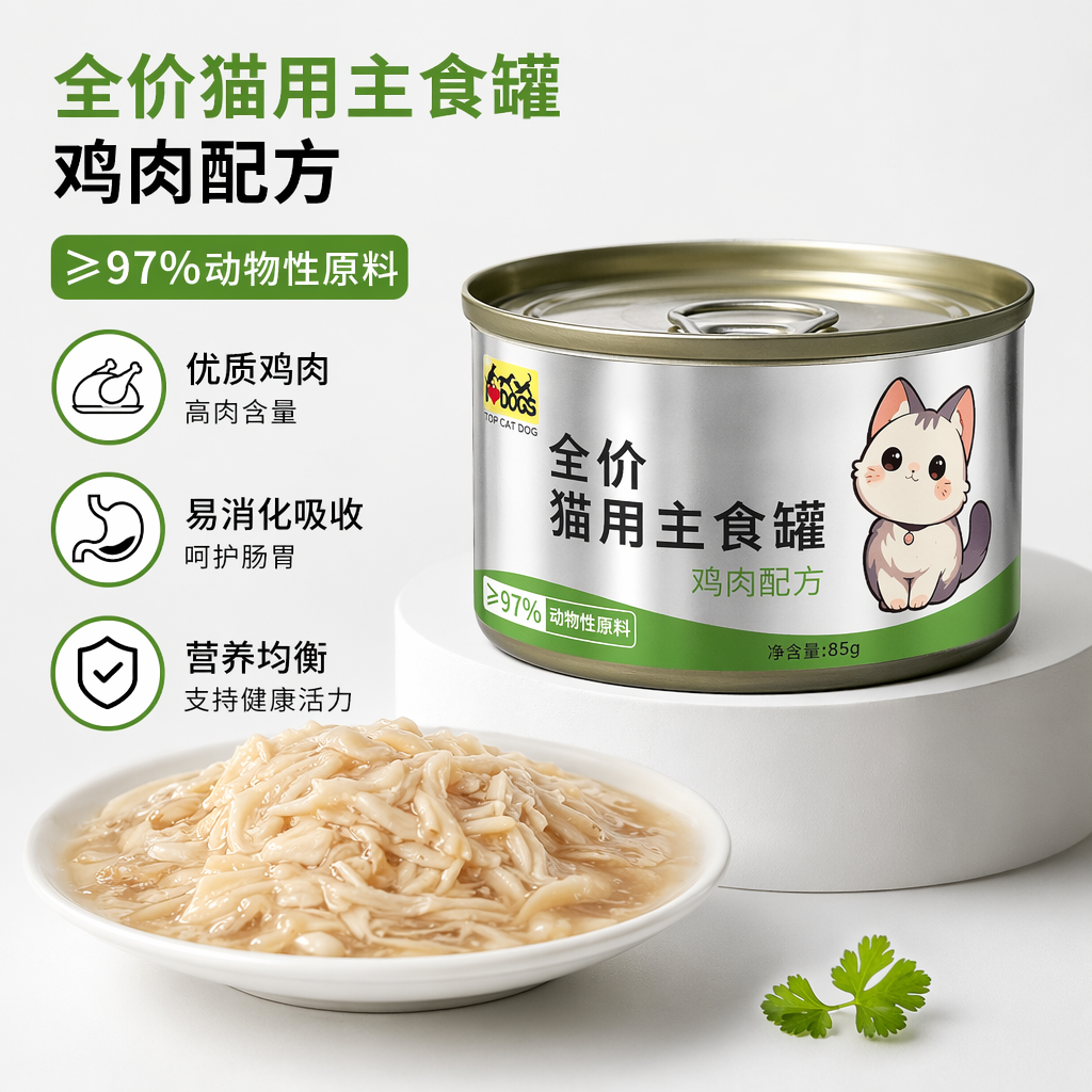 绿色猫粮罐头盒 全价猫用主食罐 鲜选鸽肉配方 卡通猫咪图案