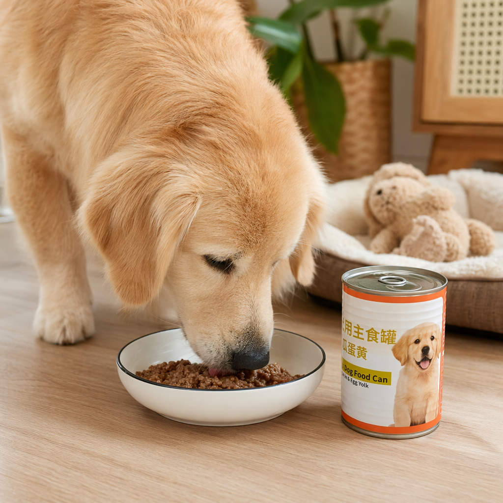 Orange and white striped golden retriever puppy pattern dog food cans details Picture