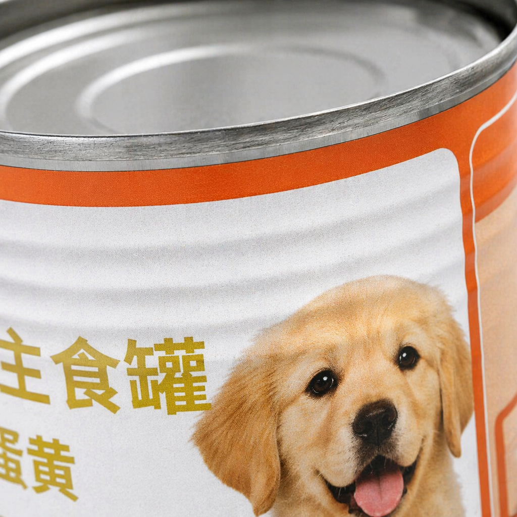 Orange and white striped golden retriever puppy pattern dog food cans Application Scenario