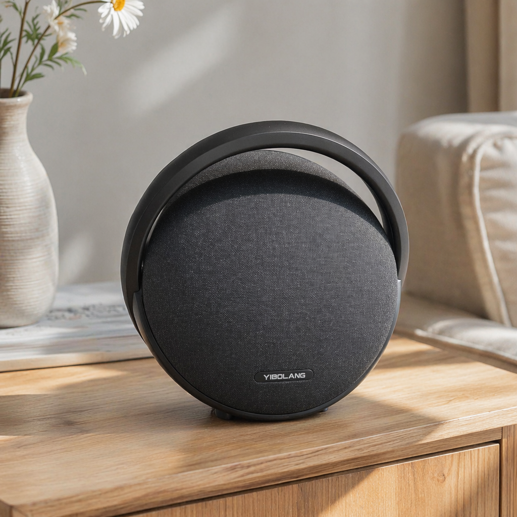 Black circular Bluetooth speaker with 360-degree surround sound effect, portable wireless speaker, Bluetooth speaker, Bluetooth speaker details Picture