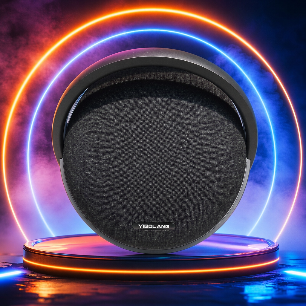 Black circular Bluetooth speaker with 360-degree surround sound effect, portable wireless speaker, Bluetooth speaker, Bluetooth speaker Specification image