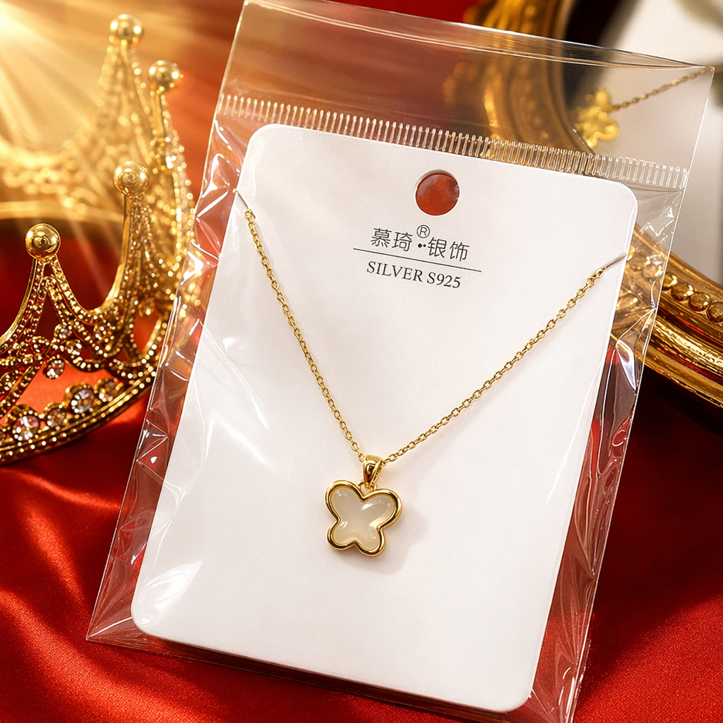The golden butterfly pendant necklace is wrapped in a white card and sealed in a transparent plastic bag Specification image