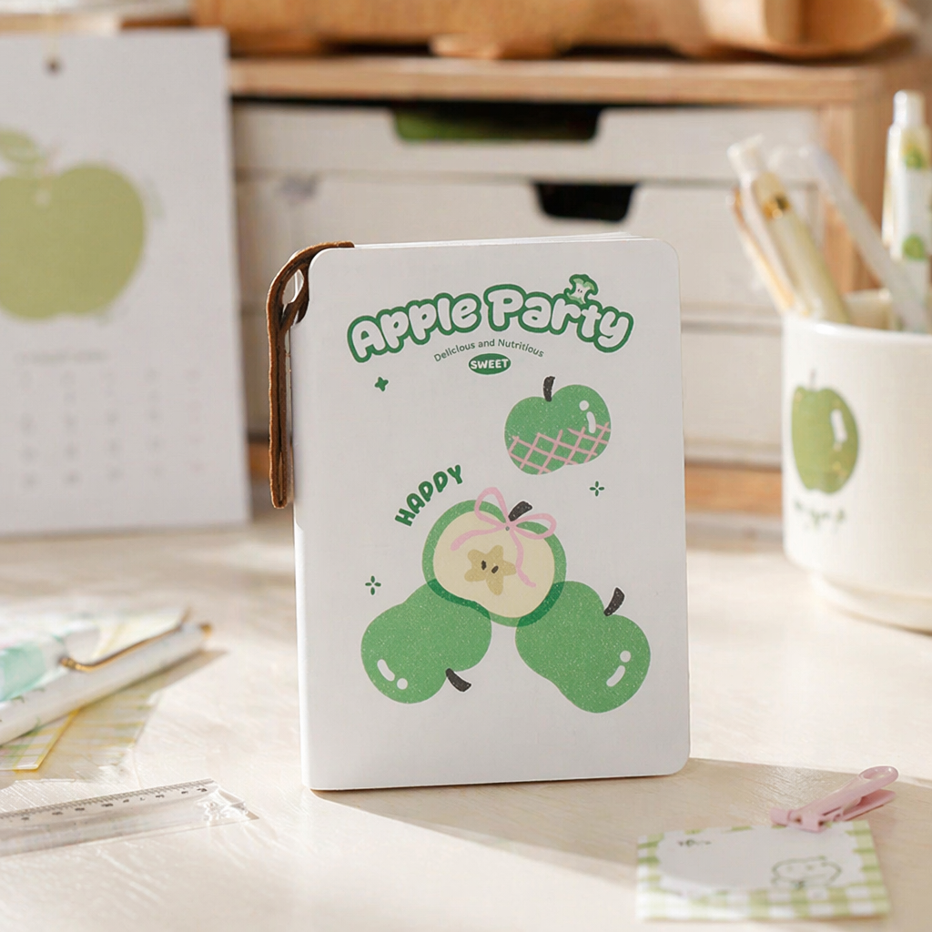 The cover of the white notebook is printed with a green Apple pattern and the words "Apple Party" details Picture