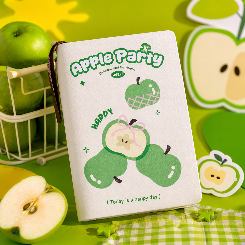 The cover of the white notebook is printed with a green Apple pattern and the words "Apple Party" Specification image