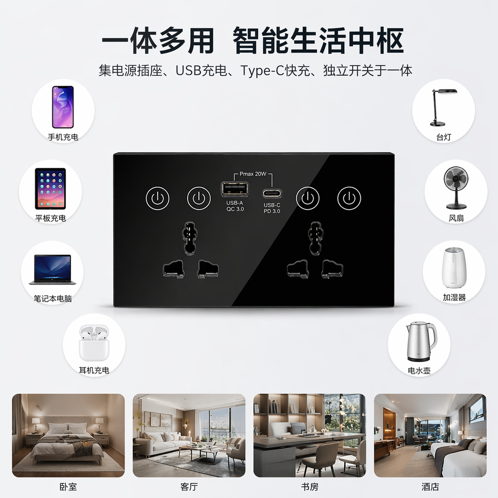 双联多功能USB+C智能开关 家用办公通用墙壁插座 支持多种软件 外贸专供