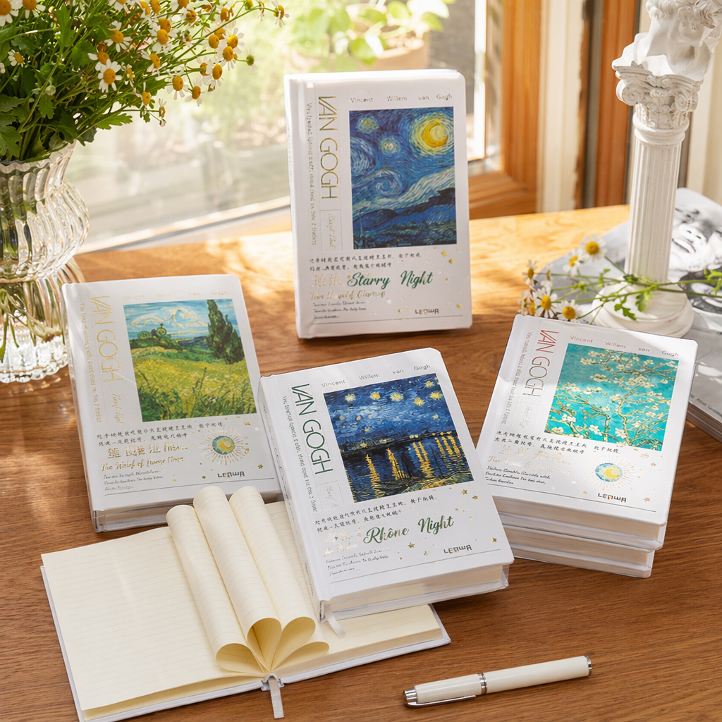 Van Gogh's Dream Blue A5 hardcover notebook, Starry Night Wheat field with crows on the cover, gold-embossed kraft paper with horizontal lines on the inner pages details Picture
