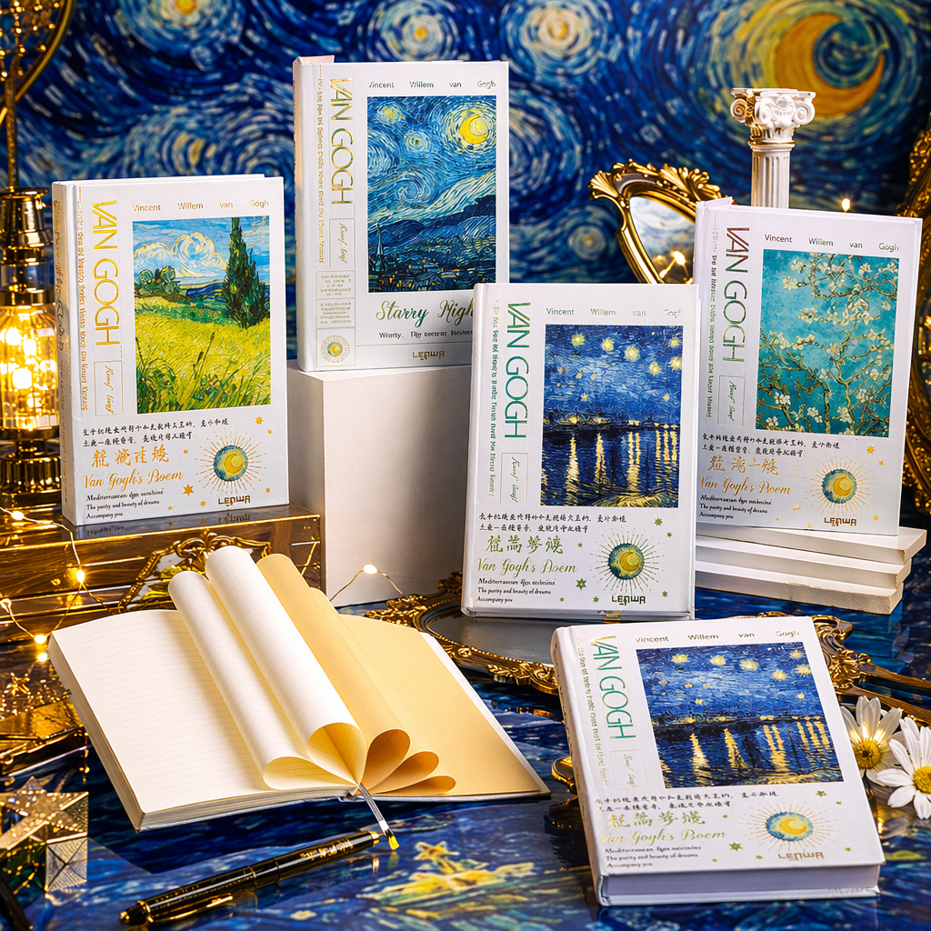Van Gogh's Dream Blue A5 hardcover notebook, Starry Night Wheat field with crows on the cover, gold-embossed kraft paper with horizontal lines on the inner pages Specification image