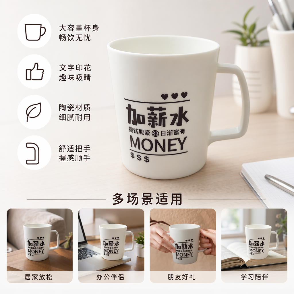 白色陶瓷马克杯简约家用咖啡杯茶杯水杯350ml