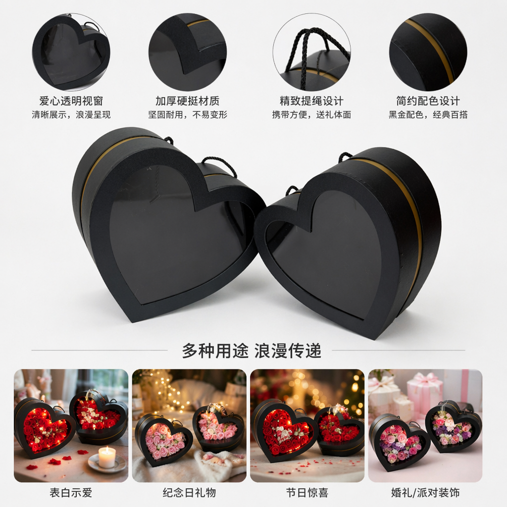 The black heart-shaped gift box is a simple and elegant festival gift packaging box