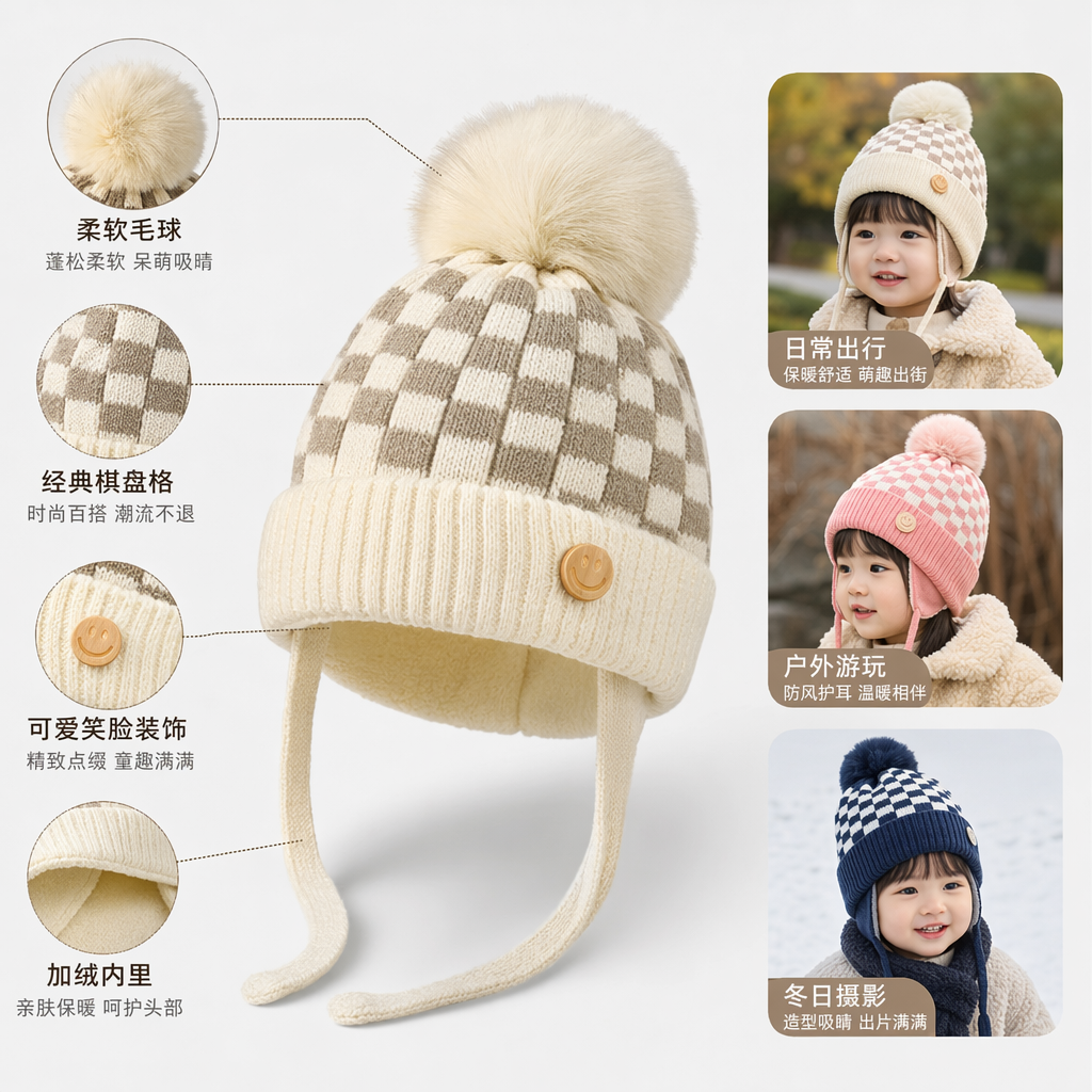 六色彩色格子毛线帽带毛球装饰扣