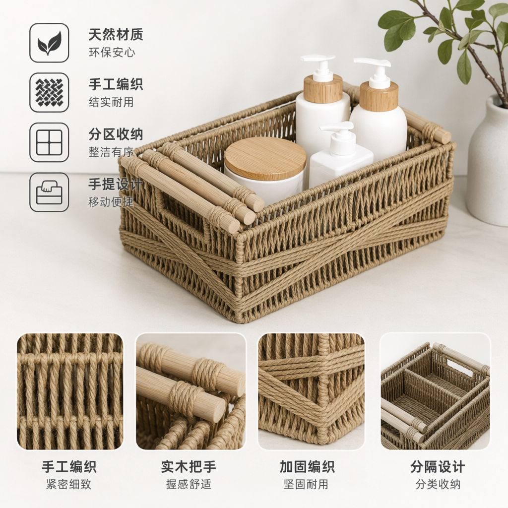 浅棕色藤编收纳篮套装家用客厅卧室整理储物篮