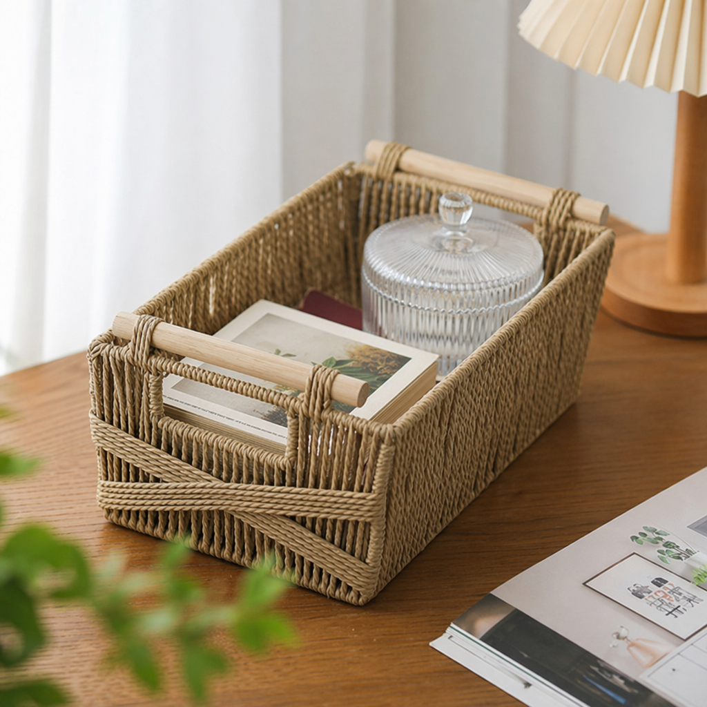Light brown rattan woven storage basket set for home living room and bedroom organization and storage details Picture