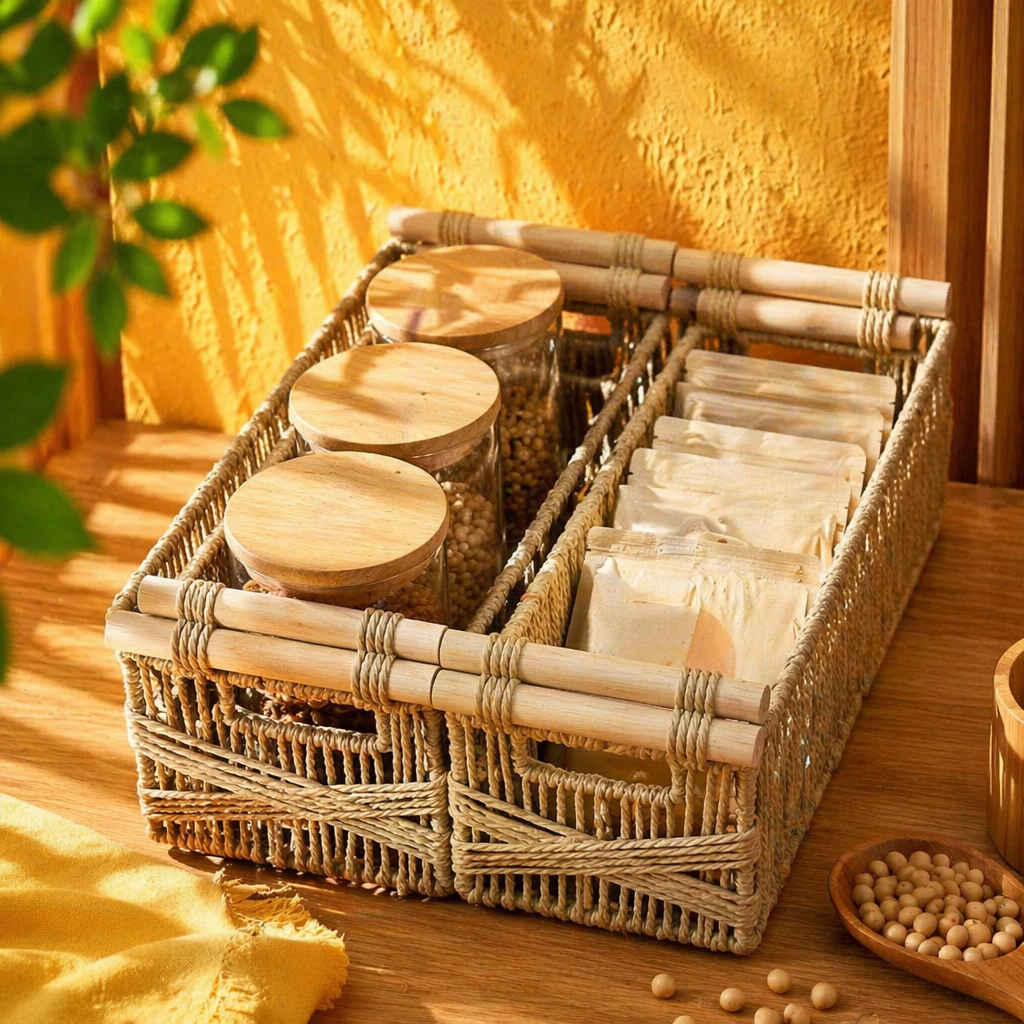 Light brown rattan woven storage basket set for home living room and bedroom organization and storage Specification image